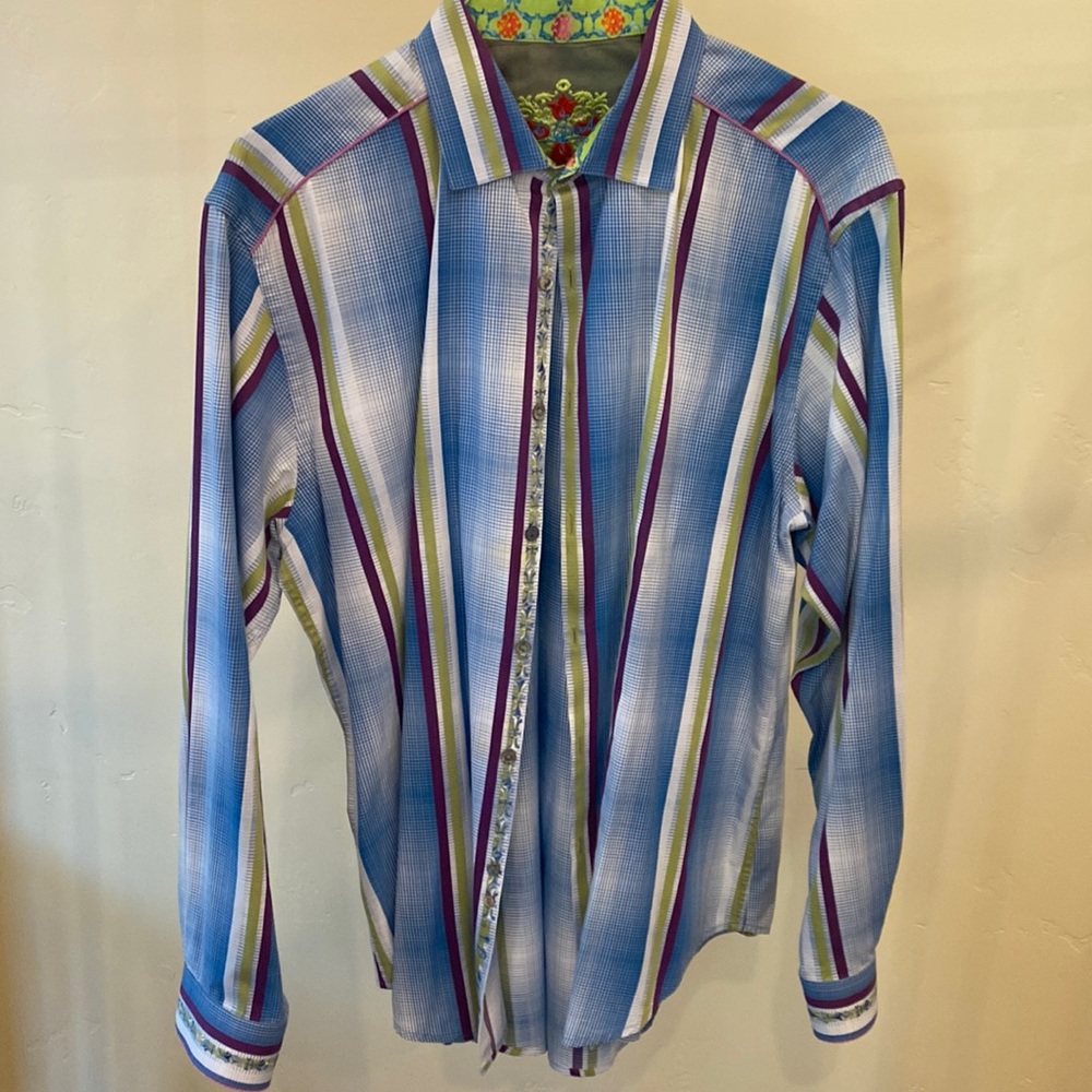 Robert Graham Long Sleeve buttoned down shirt, purple & blues, size XL.